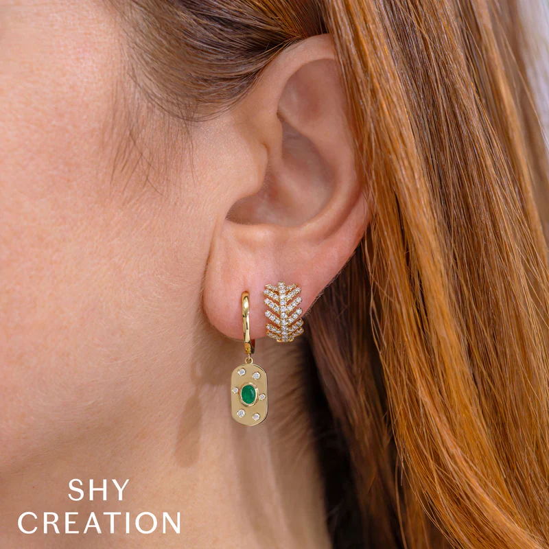 0.10ctw Diamond and Emerald Oval Earrings - Image 2