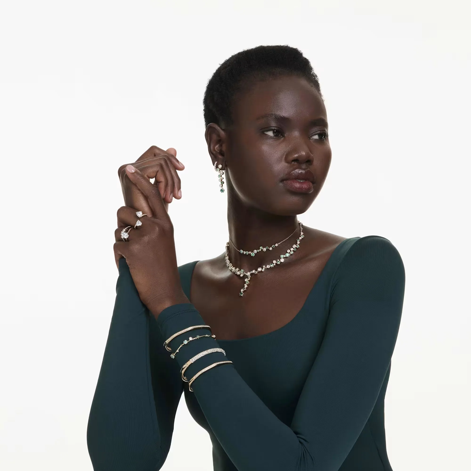 Constella Drop Earrings with Clear Crystals and Green Zirconia - Image 4