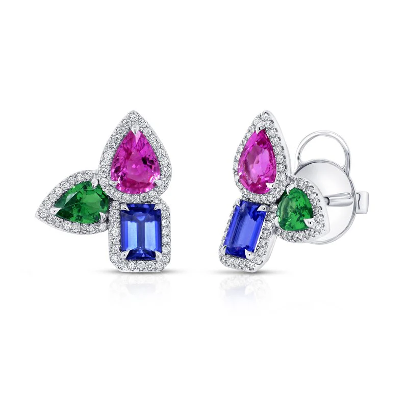 Diamond Halo Garnet Stud Earrings